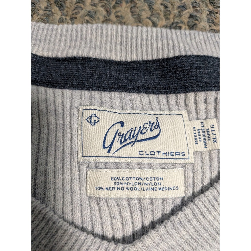 Grayers Clothiers Mens XL Gray Waffle Knit V-Neck Sweater Elbow Patches Merino - Picture 3 of 5